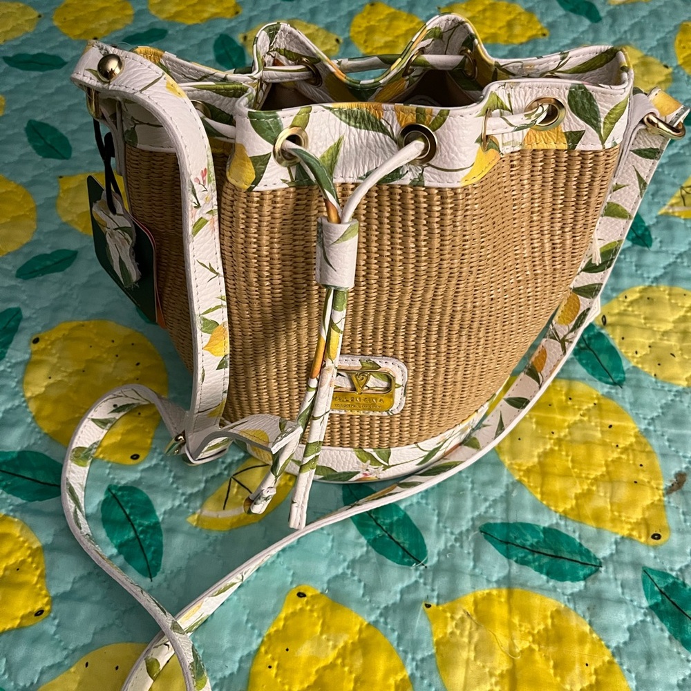 NWT VALENTINA Lemon Raffia Genuine Leather Crossbody Made in Italy
